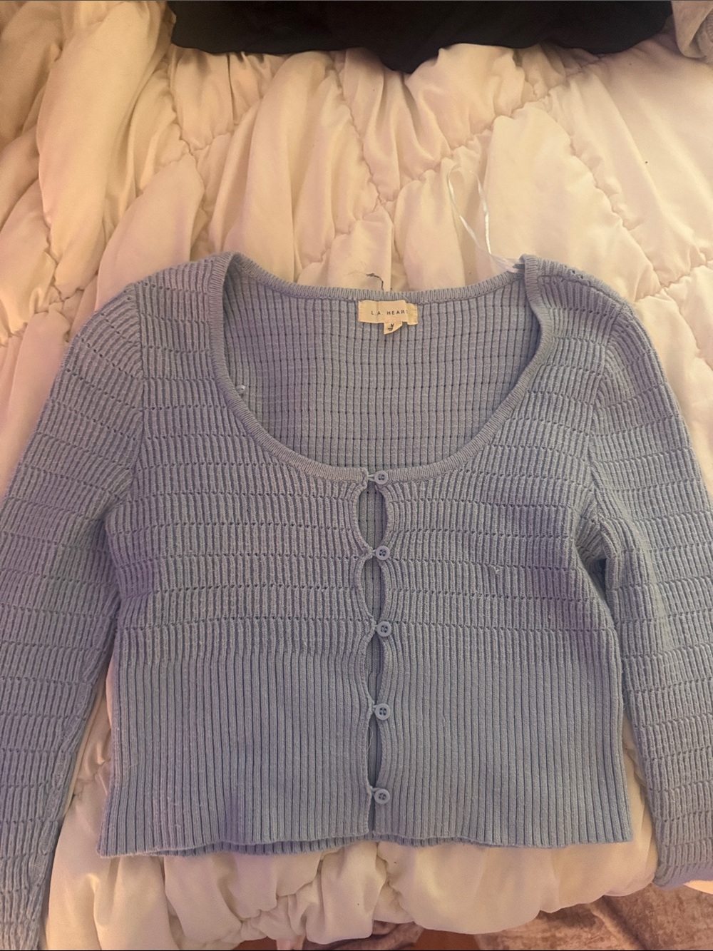 La Hearts Light Blue Ribbed Cropped Button-Front Cardigan